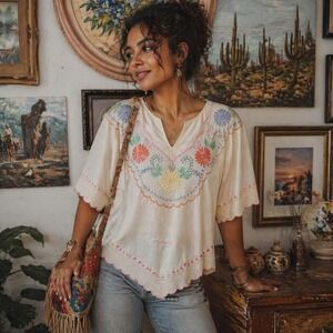 Embroidered Vintage Boho Tunic Shug Top, Johnny Was Style, Costa Rica Beachy Top